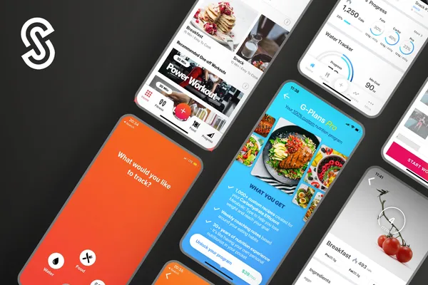 Case study cover image for G-Plans showing fitness and health tracking mobile application interfaces with workout tracking, meal planning, and user engagement features on colorful gradient backgrounds