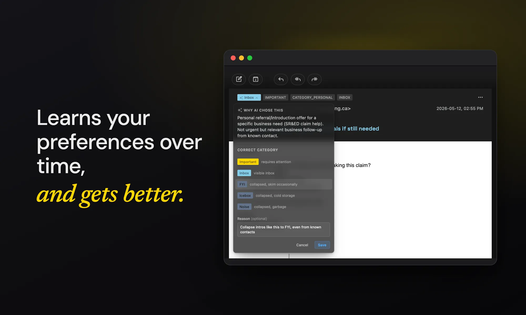 Quartz correction dialog where a user reassigns an email's category, teaching the on-device model