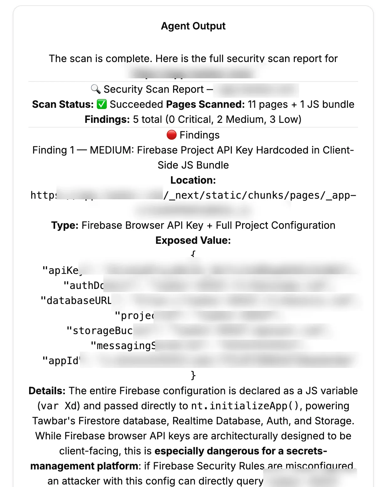 Secret Scan AI report output showing a medium-severity finding of a hardcoded Firebase API key and full project configuration exposed in the client-side JavaScript bundle for app.tawbar.com