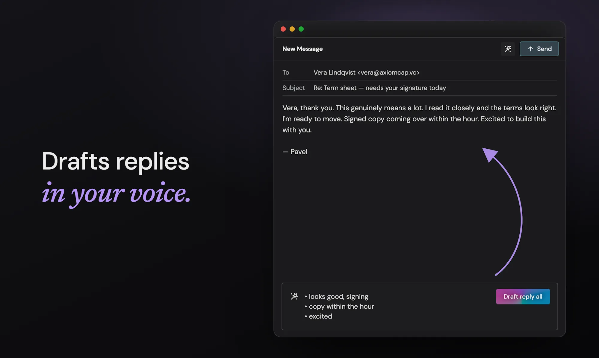 Quartz compose window turning three bullet points into a warm, on-tone email draft